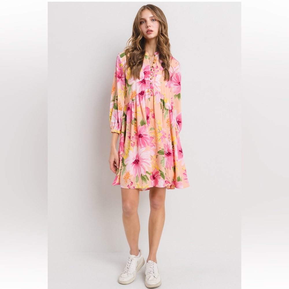 Peach Floral Mini Dress with Pink Blossoms - Picture 5 of 5